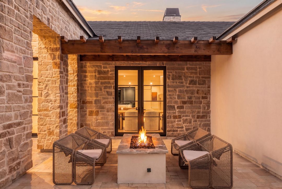 Stone courtyard at dusk with a lit fire pit between woven lounge chairs