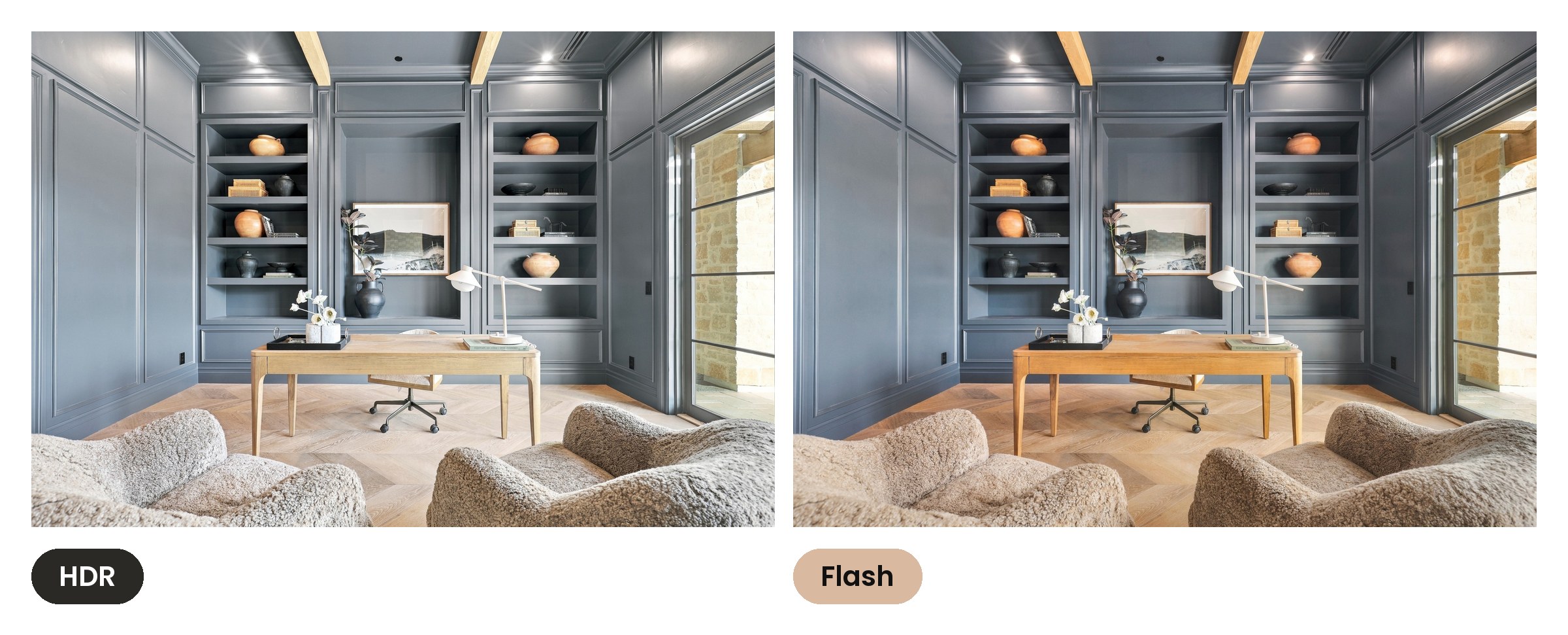 The same office as an HDR photo on the left and a flash photo on the right